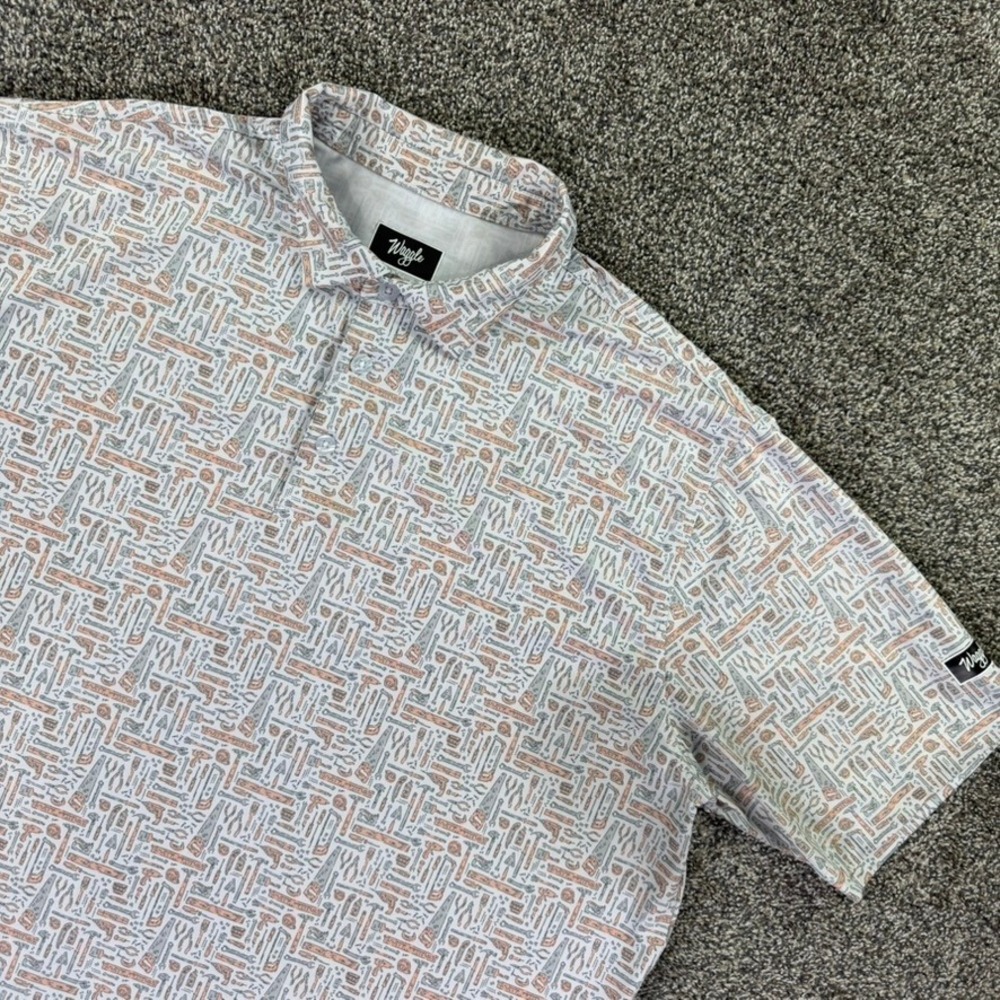 Waggle Golf Men 2XL Polo Shirt White Tool Print Short Sleeve Performance Stretch